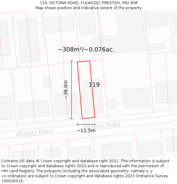 119, VICTORIA ROAD, FULWOOD, PRESTON, PR2 8NP: Plot and title map