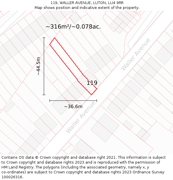 119, WALLER AVENUE, LUTON, LU4 9RR: Plot and title map