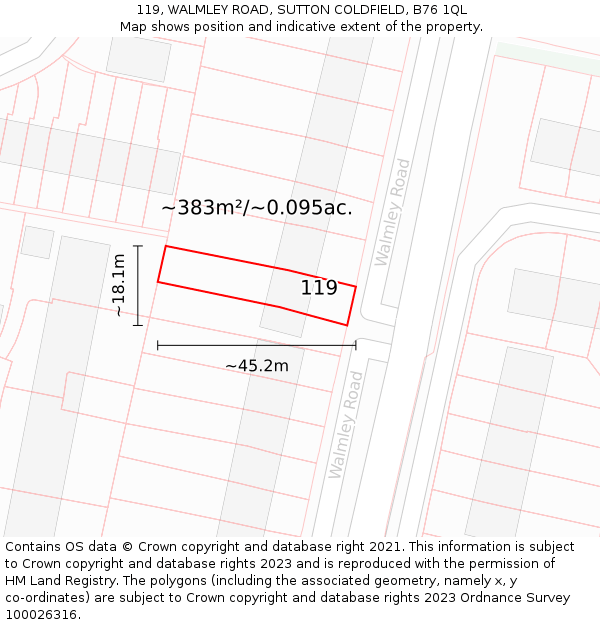 119, WALMLEY ROAD, SUTTON COLDFIELD, B76 1QL: Plot and title map