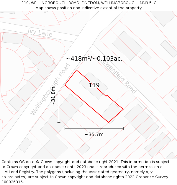 119, WELLINGBOROUGH ROAD, FINEDON, WELLINGBOROUGH, NN9 5LG: Plot and title map