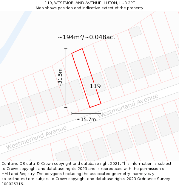 119, WESTMORLAND AVENUE, LUTON, LU3 2PT: Plot and title map