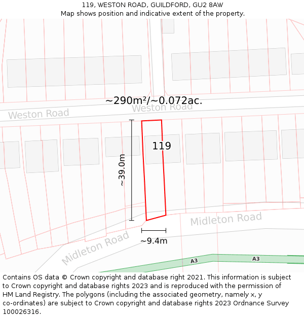 119, WESTON ROAD, GUILDFORD, GU2 8AW: Plot and title map