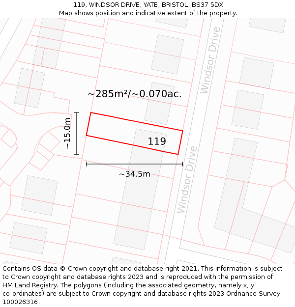 119, WINDSOR DRIVE, YATE, BRISTOL, BS37 5DX: Plot and title map