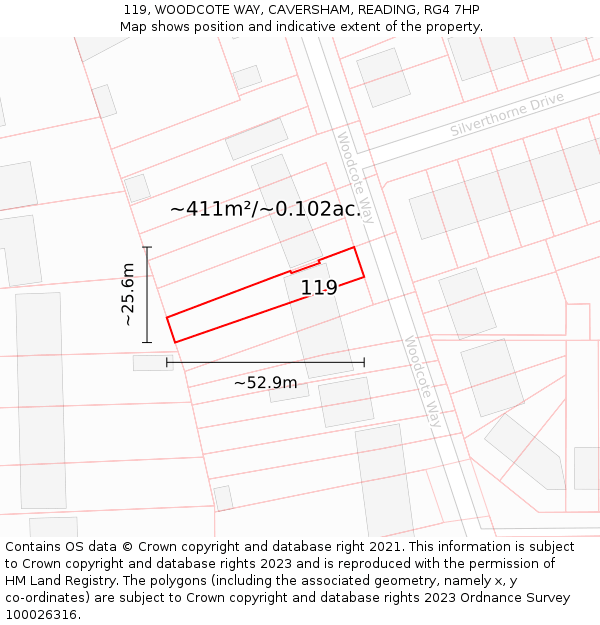 119, WOODCOTE WAY, CAVERSHAM, READING, RG4 7HP: Plot and title map