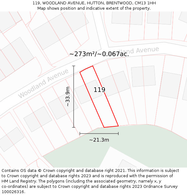 119, WOODLAND AVENUE, HUTTON, BRENTWOOD, CM13 1HH: Plot and title map