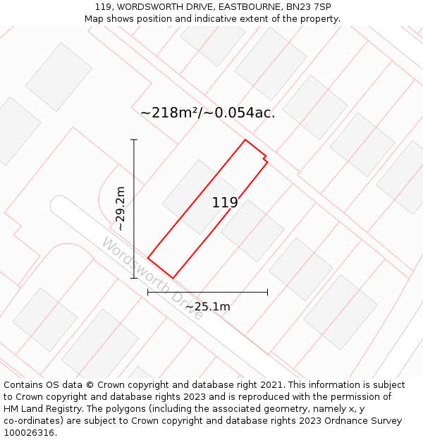 119, WORDSWORTH DRIVE, EASTBOURNE, BN23 7SP: Plot and title map