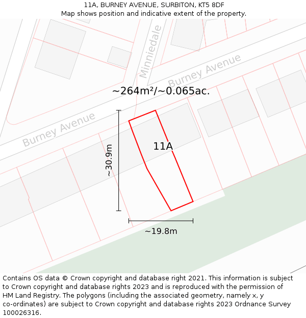 11A, BURNEY AVENUE, SURBITON, KT5 8DF: Plot and title map