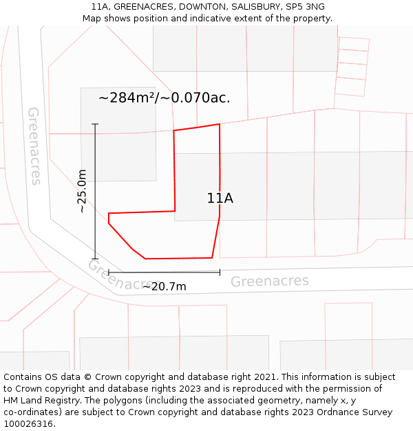 11A, GREENACRES, DOWNTON, SALISBURY, SP5 3NG: Plot and title map