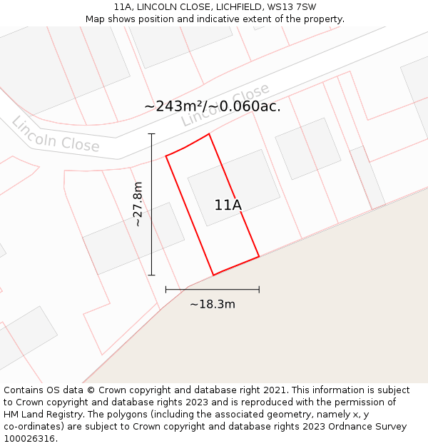 11A, LINCOLN CLOSE, LICHFIELD, WS13 7SW: Plot and title map