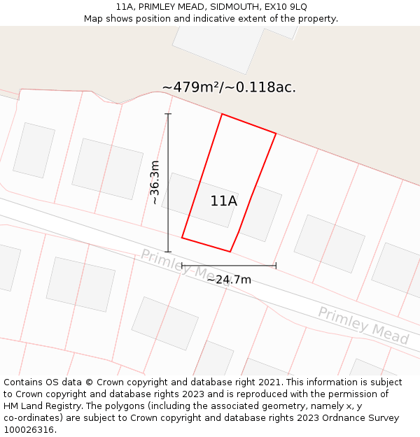 11A, PRIMLEY MEAD, SIDMOUTH, EX10 9LQ: Plot and title map