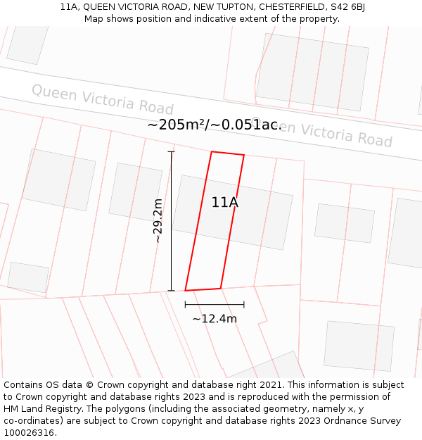 11A, QUEEN VICTORIA ROAD, NEW TUPTON, CHESTERFIELD, S42 6BJ: Plot and title map