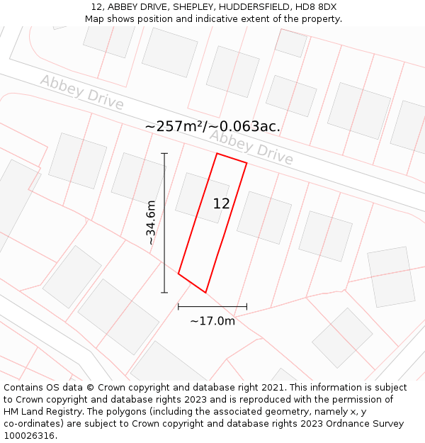 12, ABBEY DRIVE, SHEPLEY, HUDDERSFIELD, HD8 8DX: Plot and title map