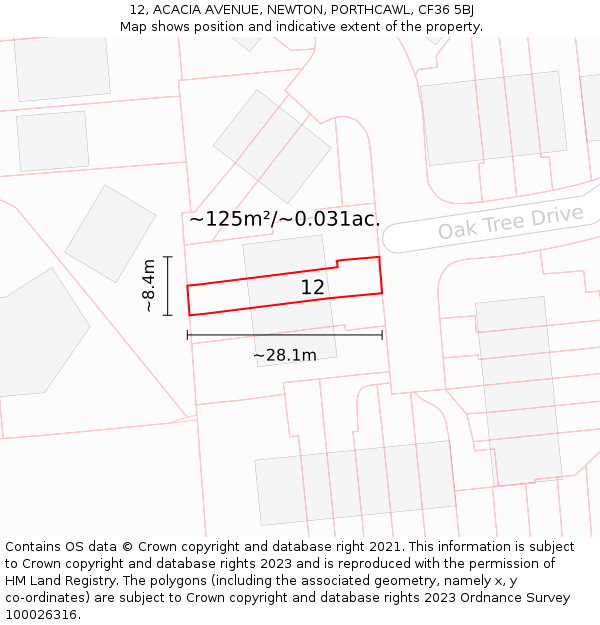 12, ACACIA AVENUE, NEWTON, PORTHCAWL, CF36 5BJ: Plot and title map