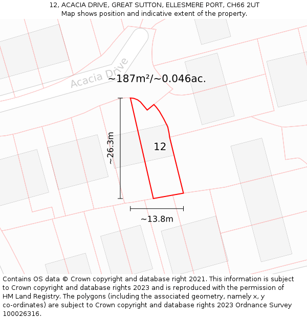 12, ACACIA DRIVE, GREAT SUTTON, ELLESMERE PORT, CH66 2UT: Plot and title map