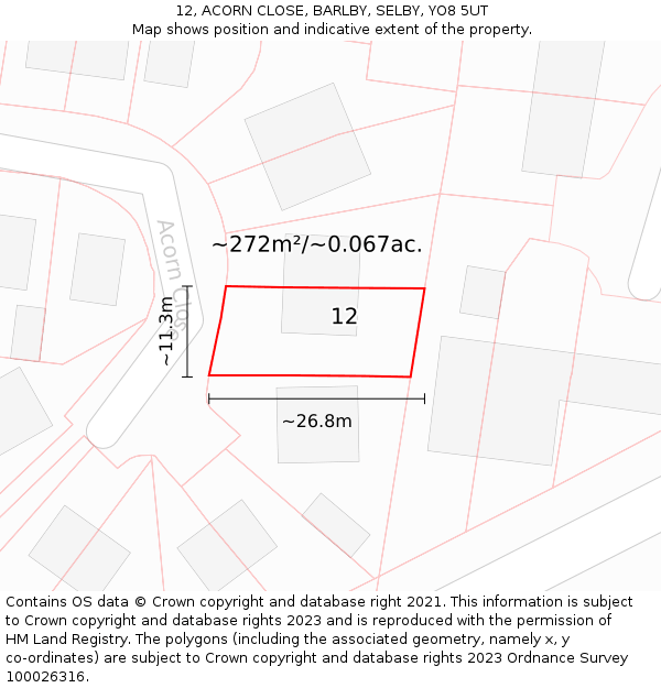 12, ACORN CLOSE, BARLBY, SELBY, YO8 5UT: Plot and title map