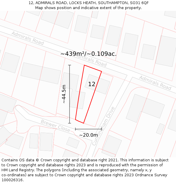 12, ADMIRALS ROAD, LOCKS HEATH, SOUTHAMPTON, SO31 6QF: Plot and title map