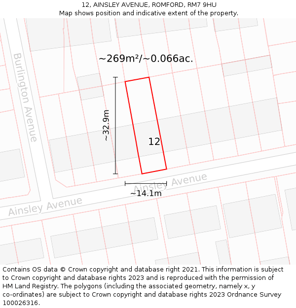 12, AINSLEY AVENUE, ROMFORD, RM7 9HU: Plot and title map