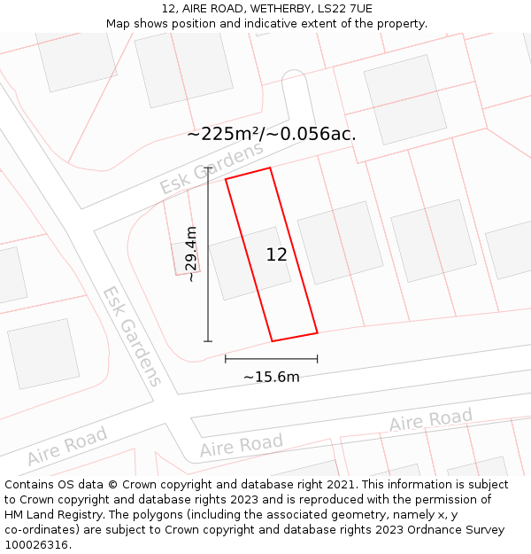 12, AIRE ROAD, WETHERBY, LS22 7UE: Plot and title map