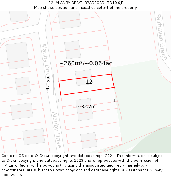12, ALANBY DRIVE, BRADFORD, BD10 9JF: Plot and title map