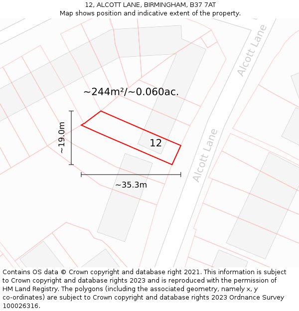 12, ALCOTT LANE, BIRMINGHAM, B37 7AT: Plot and title map