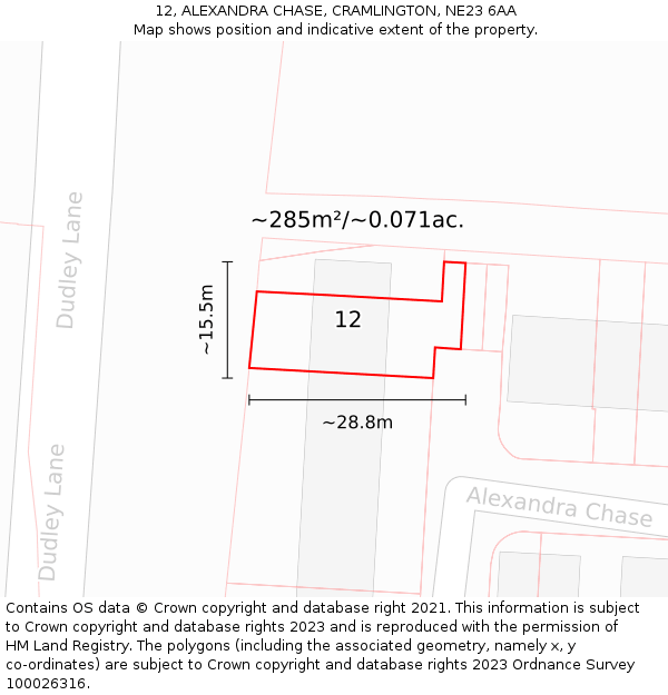 12, ALEXANDRA CHASE, CRAMLINGTON, NE23 6AA: Plot and title map