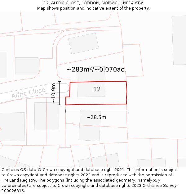 12, ALFRIC CLOSE, LODDON, NORWICH, NR14 6TW: Plot and title map