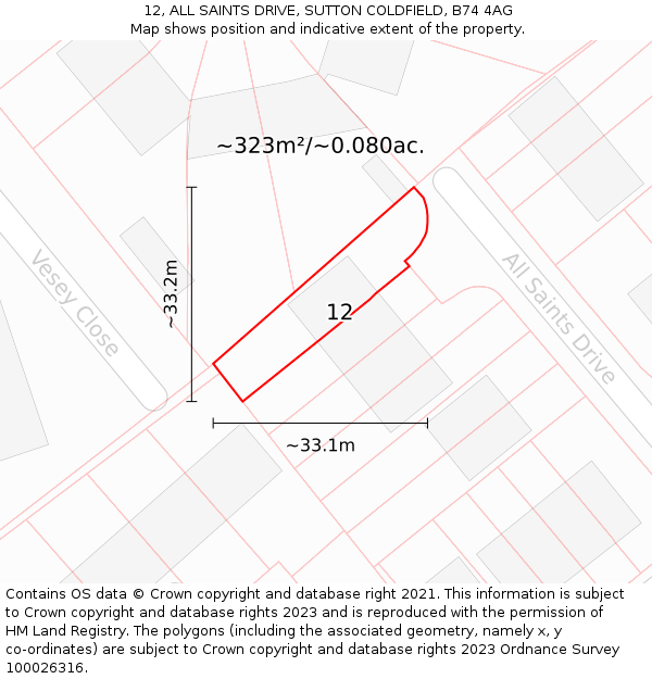 12, ALL SAINTS DRIVE, SUTTON COLDFIELD, B74 4AG: Plot and title map