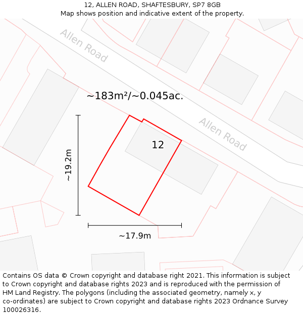 12, ALLEN ROAD, SHAFTESBURY, SP7 8GB: Plot and title map