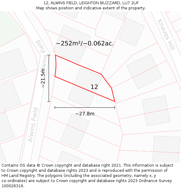 12, ALWINS FIELD, LEIGHTON BUZZARD, LU7 2UF: Plot and title map