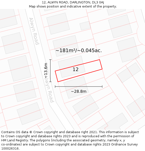 12, ALWYN ROAD, DARLINGTON, DL3 0AJ: Plot and title map