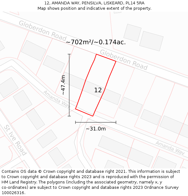 12, AMANDA WAY, PENSILVA, LISKEARD, PL14 5RA: Plot and title map