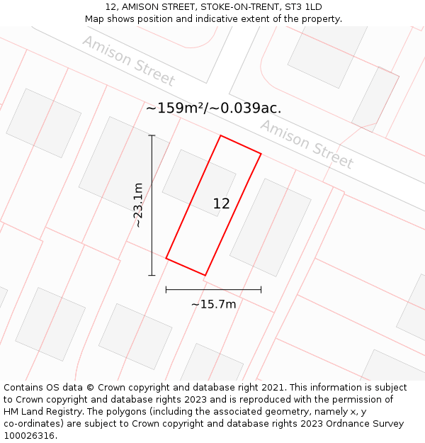 12, AMISON STREET, STOKE-ON-TRENT, ST3 1LD: Plot and title map