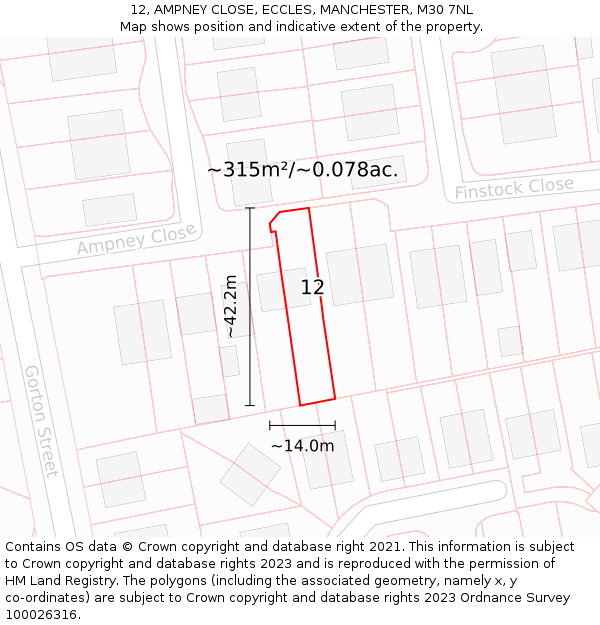 12, AMPNEY CLOSE, ECCLES, MANCHESTER, M30 7NL: Plot and title map