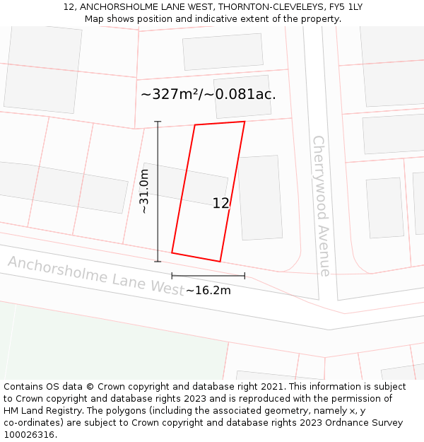 12, ANCHORSHOLME LANE WEST, THORNTON-CLEVELEYS, FY5 1LY: Plot and title map