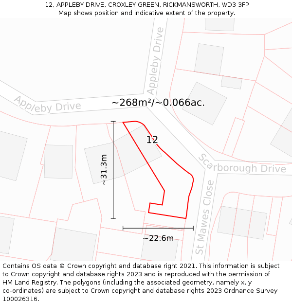 12, APPLEBY DRIVE, CROXLEY GREEN, RICKMANSWORTH, WD3 3FP: Plot and title map