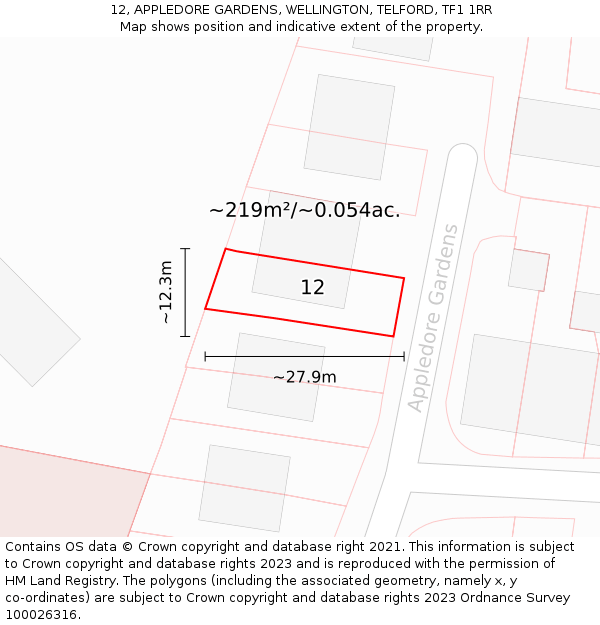 12, APPLEDORE GARDENS, WELLINGTON, TELFORD, TF1 1RR: Plot and title map