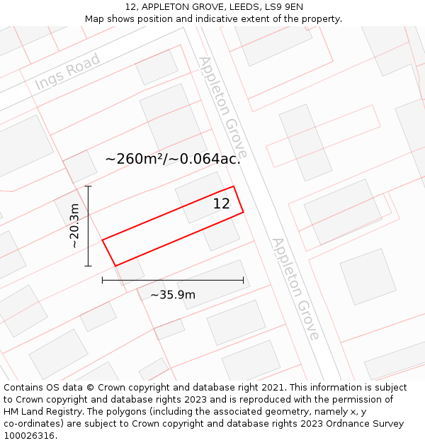 12, APPLETON GROVE, LEEDS, LS9 9EN: Plot and title map