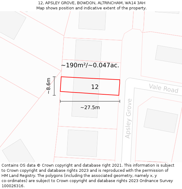 12, APSLEY GROVE, BOWDON, ALTRINCHAM, WA14 3AH: Plot and title map