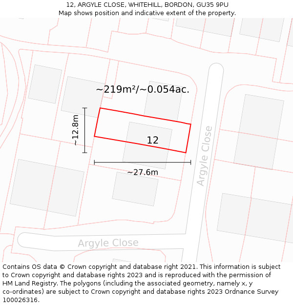 12, ARGYLE CLOSE, WHITEHILL, BORDON, GU35 9PU: Plot and title map