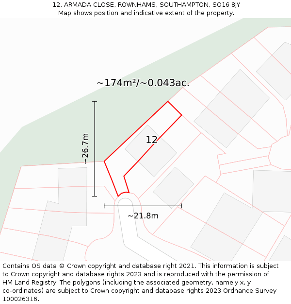 12, ARMADA CLOSE, ROWNHAMS, SOUTHAMPTON, SO16 8JY: Plot and title map