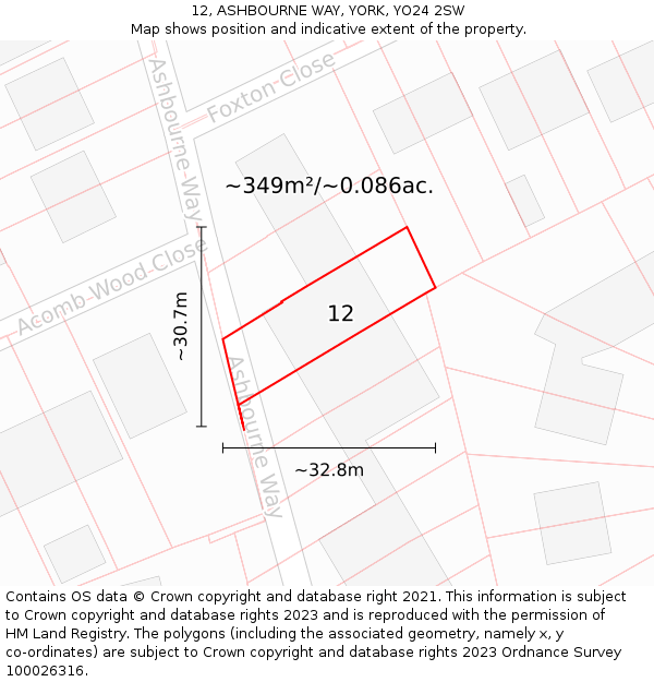 12, ASHBOURNE WAY, YORK, YO24 2SW: Plot and title map