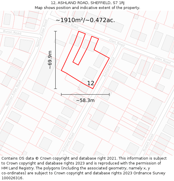 12, ASHLAND ROAD, SHEFFIELD, S7 1RJ: Plot and title map