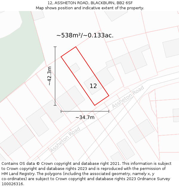 12, ASSHETON ROAD, BLACKBURN, BB2 6SF: Plot and title map