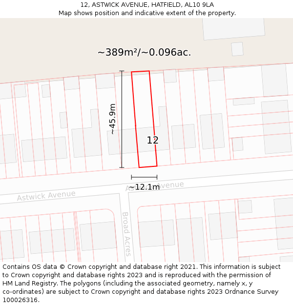 12, ASTWICK AVENUE, HATFIELD, AL10 9LA: Plot and title map