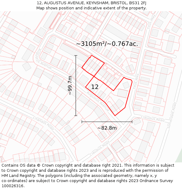 12, AUGUSTUS AVENUE, KEYNSHAM, BRISTOL, BS31 2FJ: Plot and title map