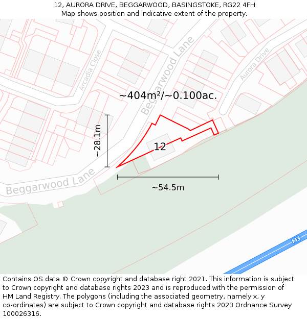 12, AURORA DRIVE, BEGGARWOOD, BASINGSTOKE, RG22 4FH: Plot and title map