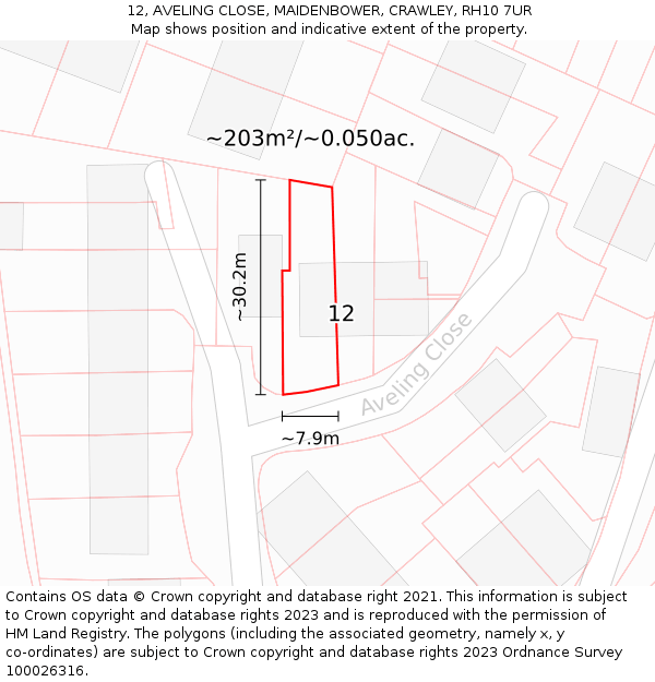 12, AVELING CLOSE, MAIDENBOWER, CRAWLEY, RH10 7UR: Plot and title map