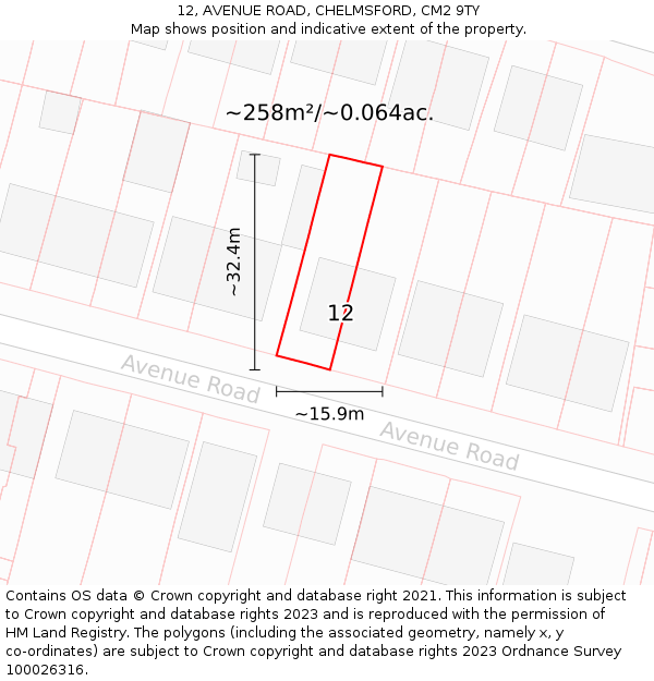 12, AVENUE ROAD, CHELMSFORD, CM2 9TY: Plot and title map