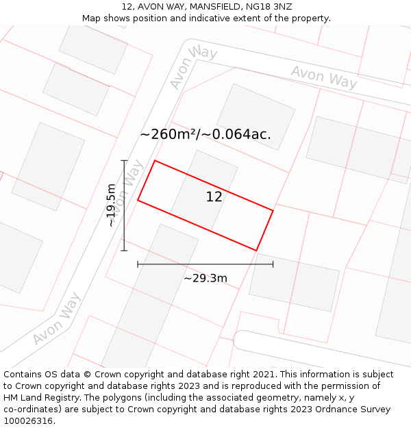 12, AVON WAY, MANSFIELD, NG18 3NZ: Plot and title map