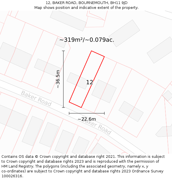12, BAKER ROAD, BOURNEMOUTH, BH11 9JD: Plot and title map